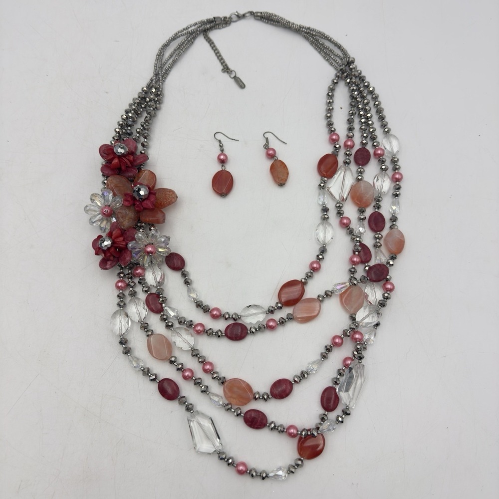 VINCERO Cornelian Quartz stone Necklace Statement 3D Pink Set Earrings Vtg Beads